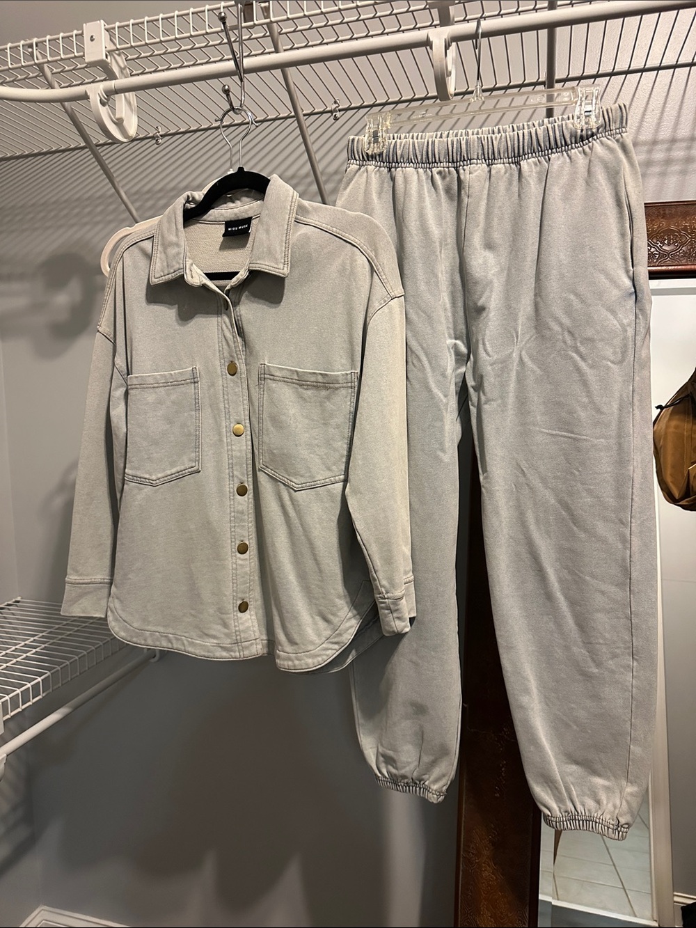 Light Gray Oversized Button-Up Shacket with Matching Joggers